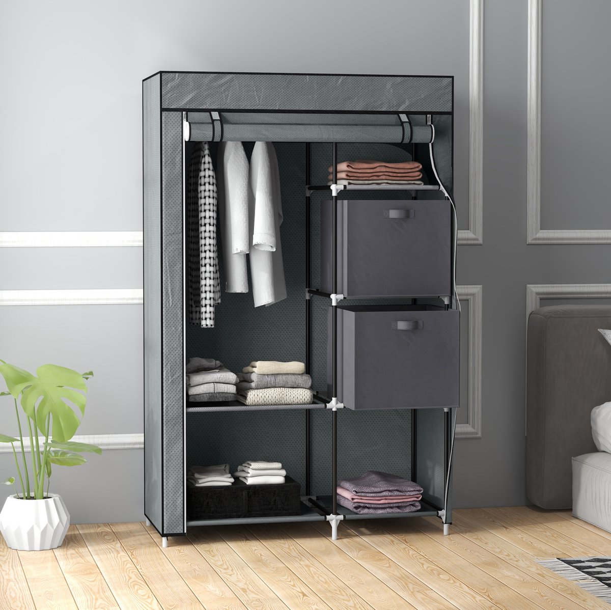 MEUNIQ opvouwbare stoffenkledingkast 102 x 42,5 x 162,5 cm met kledingstang, 6 legplanken en 2 opberglades, ritsdeur voor slaapkamer of logeerkamer, donkergrijs