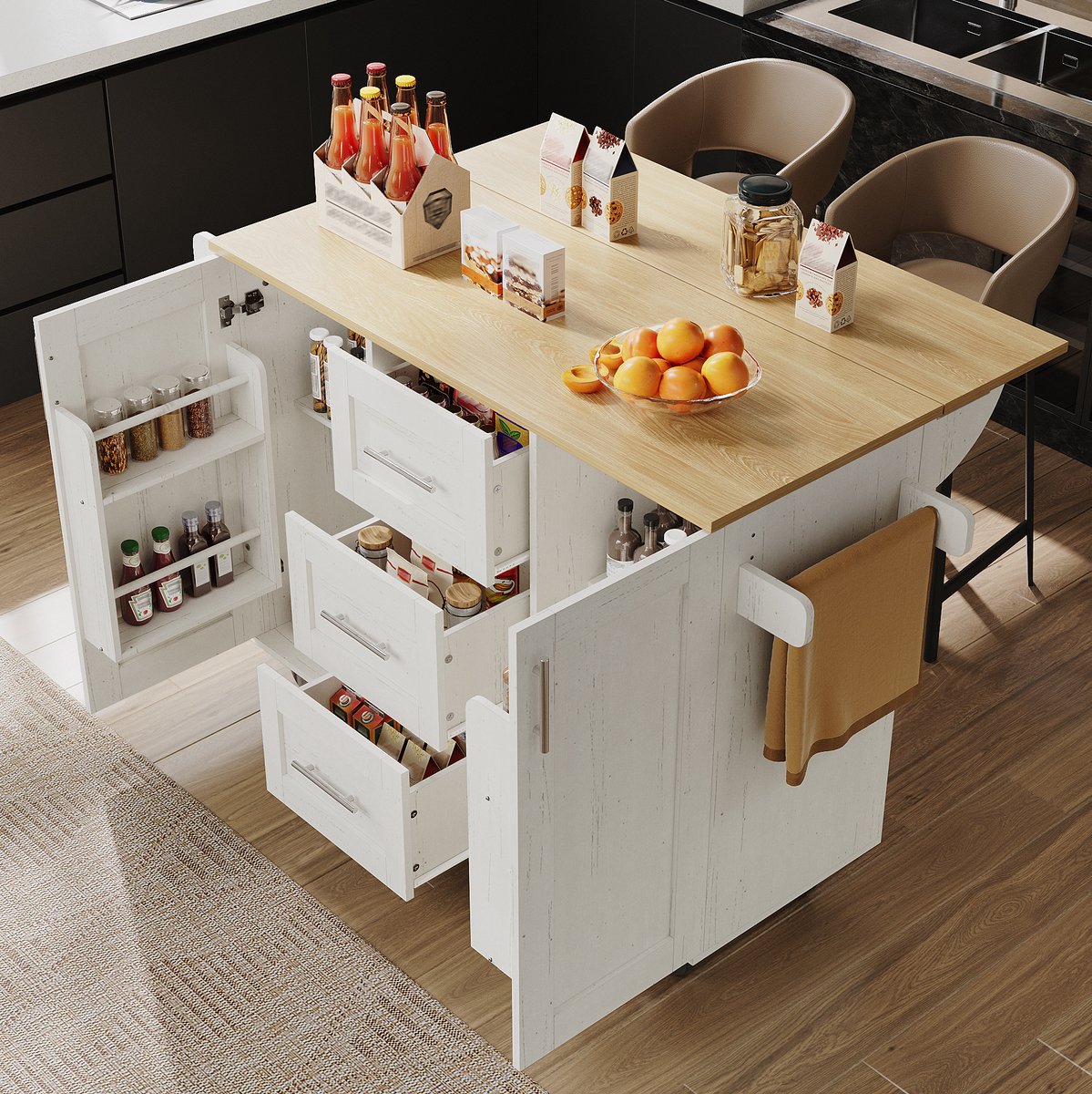 MEUNIQ keukenkast keuken eiland 135 x 46-74 x 86,6 cm met opklapbaar blad, 3 lades, handdoekhouder en vergrendelbare wielen, wit