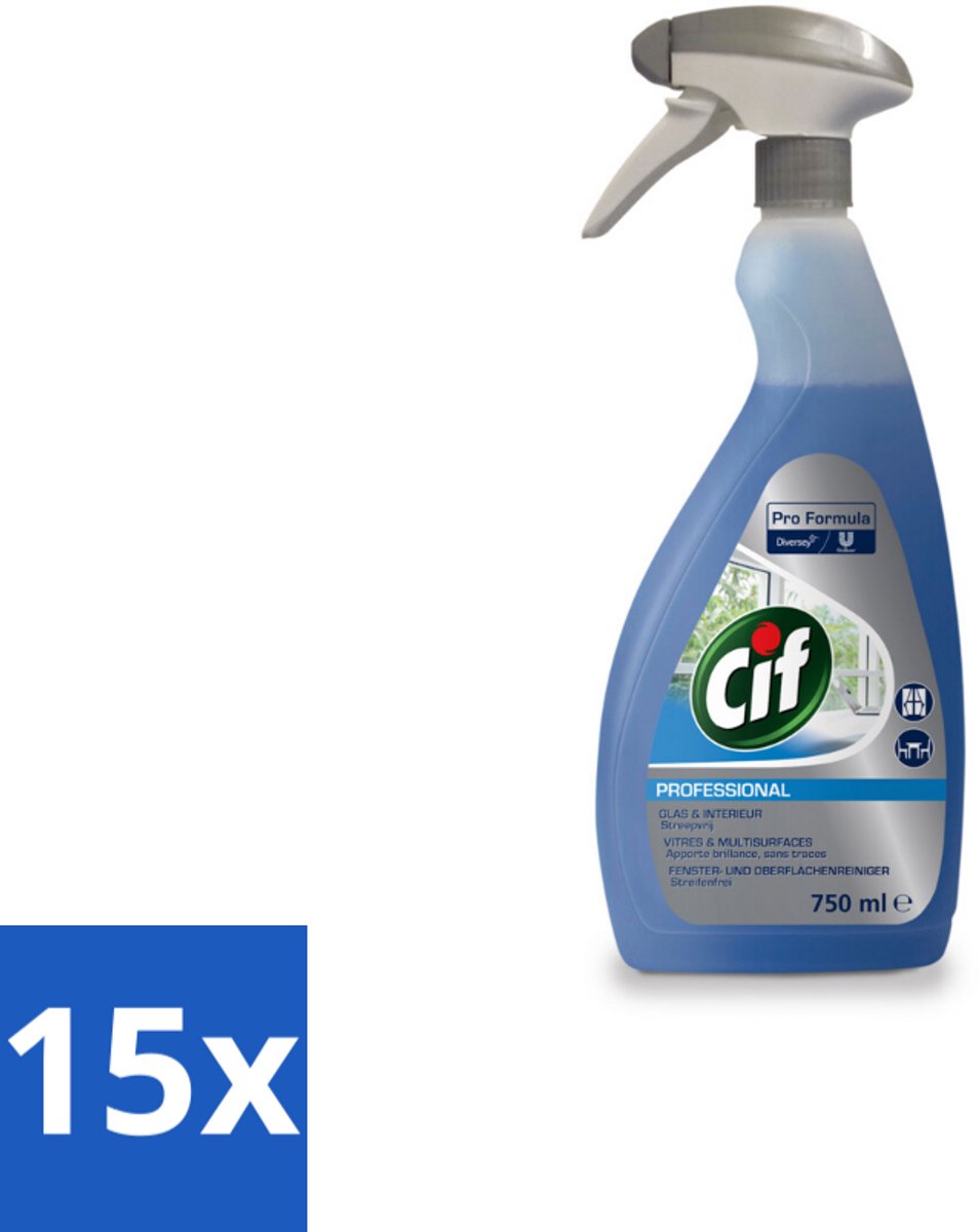 15 x Cif Glas- en Ruitenreiniger - Spray - Streeploze Glans - Voor Ramen en Spiegels - 750 ml - Glas Reiniger - Ruiten Reiniger - Spiegels Reiniger - Streeploze Glans - Ramen Reiniger