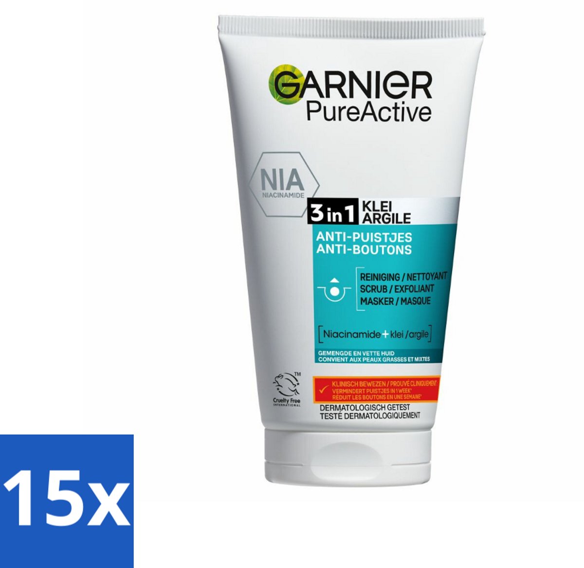 15 x Garnier - Pure Active - 3-in-1 Reiniging Scrub Masker - Tegen Puistjes & Onzuiverheden - Klei & Niacinamide - 150 ml - 3-in-1 Reiniging Scrub Masker - Puistjes - Onzuiverheden - Huid Reinigen - Huid Matte