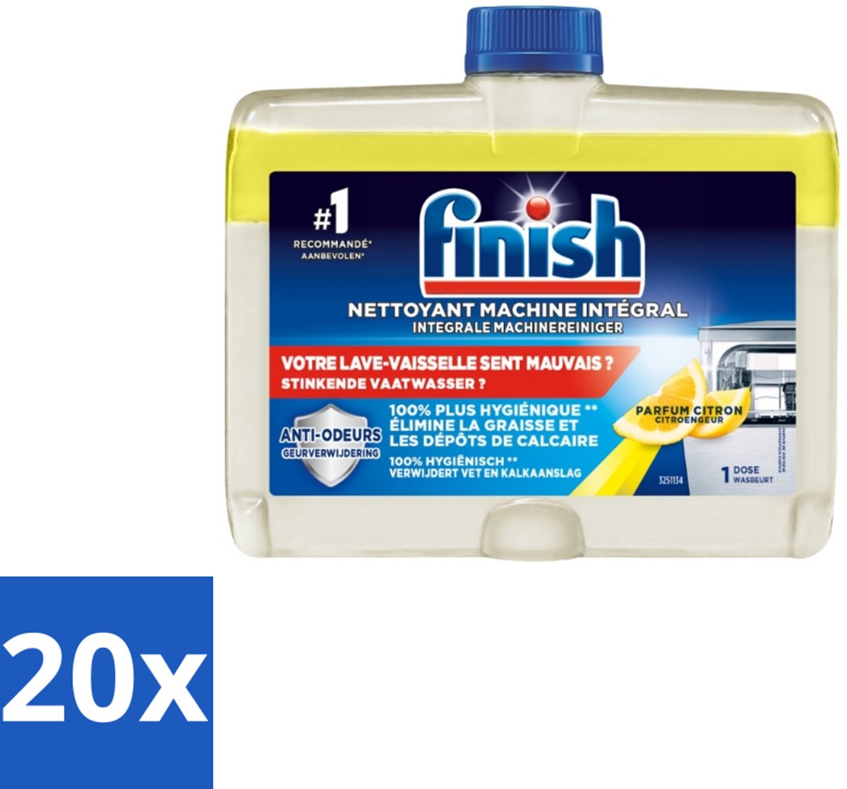 20 x Finish - Vaatwasmiddel - Hygiene Machinereiniger Lemon - Hygiënische Reiniging - 250 ml - Vaatwasmiddel - Vaatwasser Reinigen - Vaatwasser Onderhoud - Vaatwasser Hygiëne - Vaatwasser Reiniger
