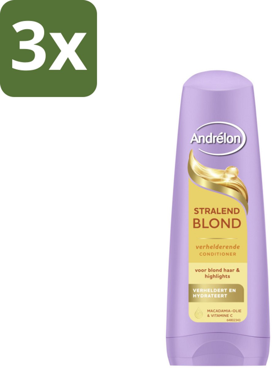 3 x Andrélon – Conditioner – Stralend Blond – 200 ml - Blond Haar Verzorging - Verhelderende Conditioner - Glans Voor Blond Haar - Highlights Verzorging - Macadamia-olie Conditioner
