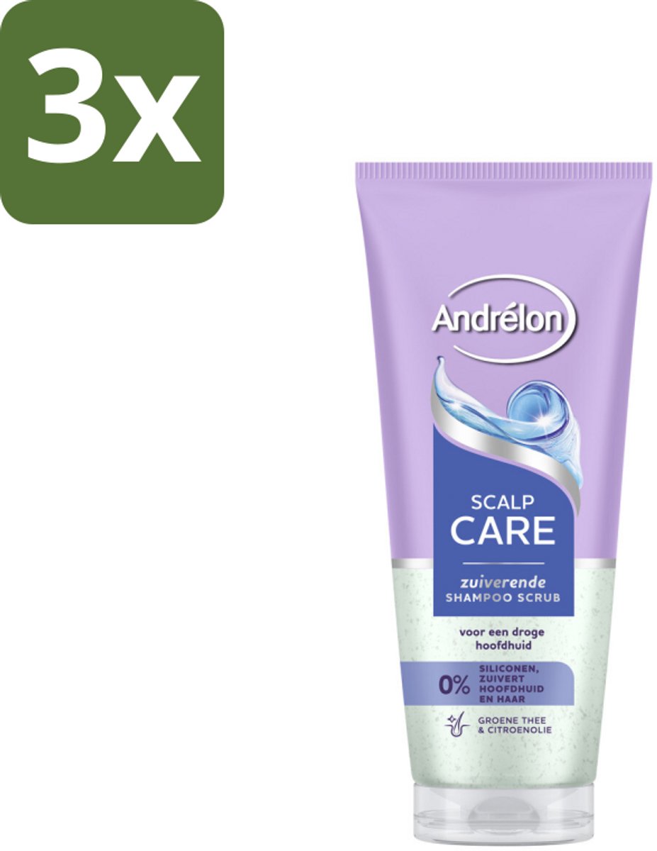 3 x Andrélon – Shampoo Scrub – Anti Roos – 200 ml - Anti-roos Shampoo - Droge Hoofdhuid - Hoofdhuid Reinigen - Groene Thee Shampoo - Citroenolie Shampoo