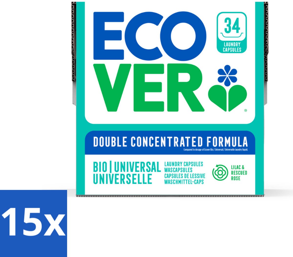15 x Ecover - Waspods - Universeel - Geconcentreerde formule - 34 wasbeurten - Ecover Wascapsules - Duurzame Wasmiddelen - Geconcentreerde Waspods - Wasmiddel Bij Lage Temperatuur - Natuurlijke Wasmiddelen