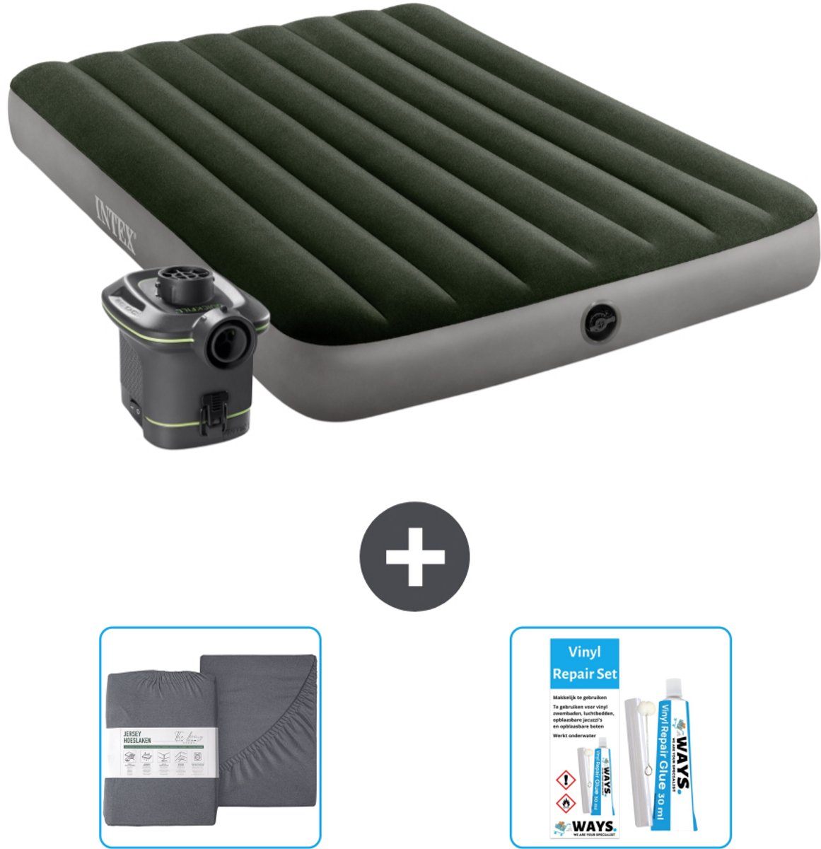 Intex Luchtbed - Twijfelaar - 137 x 191 x 25 cm - Groen - Inclusief pomp - Hoeslaken en Reparatieset
