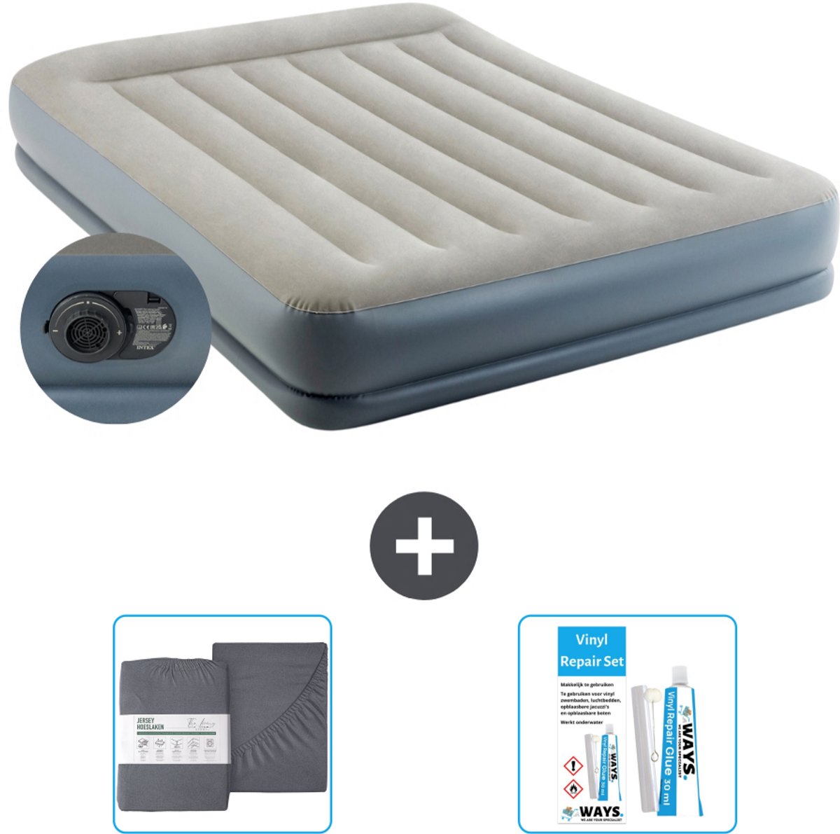 Intex Luchtbed - 2-Persoons - 152 x 203 x 30 cm - Grijs - Inclusief pomp - Hoeslaken en Reparatieset