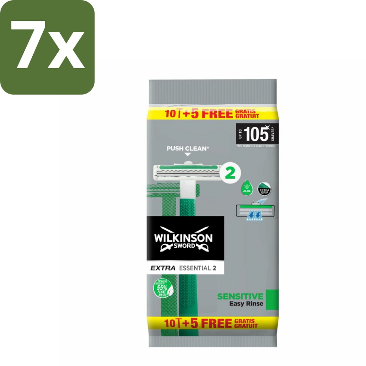 Wilkinson - Wegwerpscheermesjes - Extra Essential 2 Sensitive - Zacht - 15 mesjes - Bulkverpakking - 7 stuks