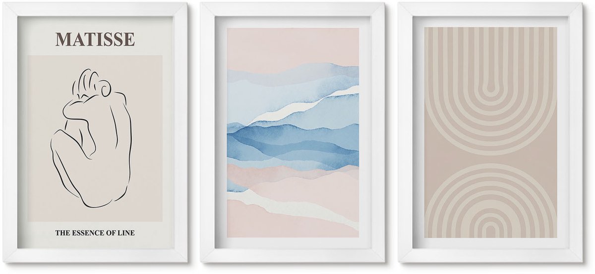 Wallfluent 3-Delige Schilderij Set - Lijnen En Golven In Pasteltinten Met Een Minimalistisch Accent. - 20 x 30 - Muurdecoratie - Schilderijen Set - Woonkamer - Woonkamer Decoratie