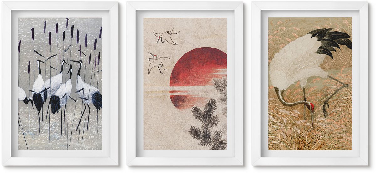 Wallfluent 3-Delige Schilderij Set - Illustraties Van Japanse Kraanvogels Japandi Landschap - 20 x 30 - Wanddecoratie - Schilderijen Set - Interieur - Muurdecoratie