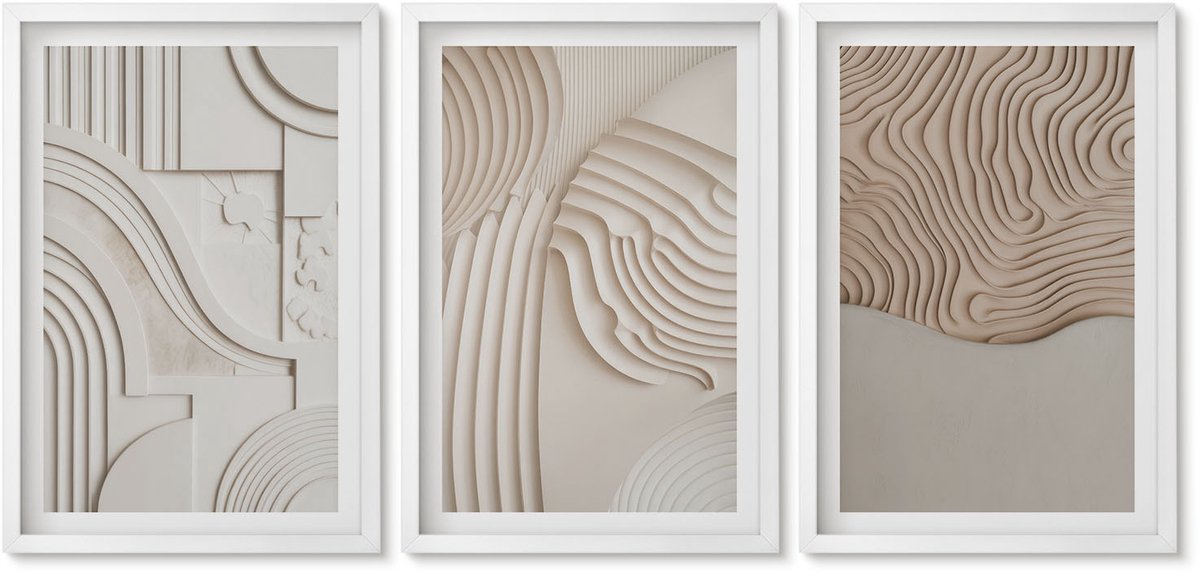 Wallfluent 3-Delige Schilderij Set - Abstracte Patronen In Beige En Witte Tinten. - 40 x 60 - Schilderijen Set - Wanddecoratie - Woonkamer