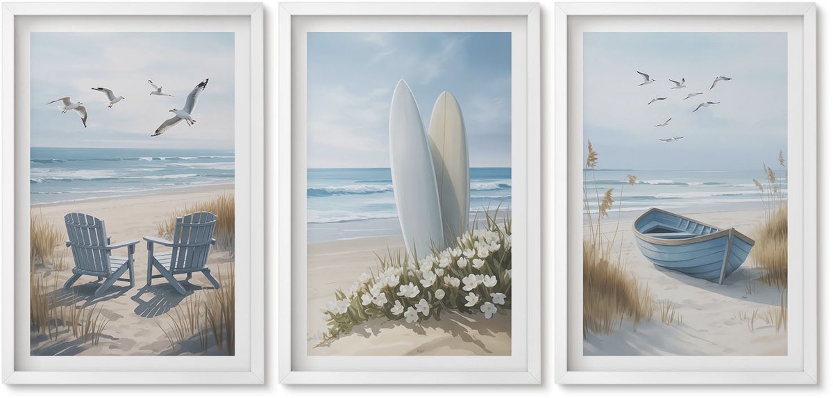 Wallfluent 3-Delige Schilderij Set - Strand Met Surfplanken, Boten En Vogels - 40 x 60 - Muurdecoratie - Wanddecoratie - Slaapkamer