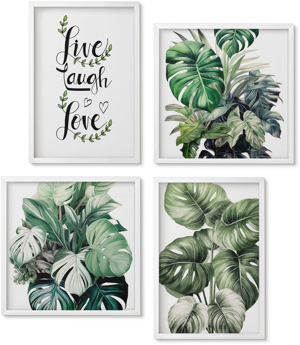 Wallfluent 4-Delige Schilderij Set - Bladrijke Planten Met De Woorden Leef, Lach, Houd Van - 40 x 40 En 40 x 60 - Decoratieve Schilderijen - Wanddecoratie - Hal - Woonkamer Decoratie