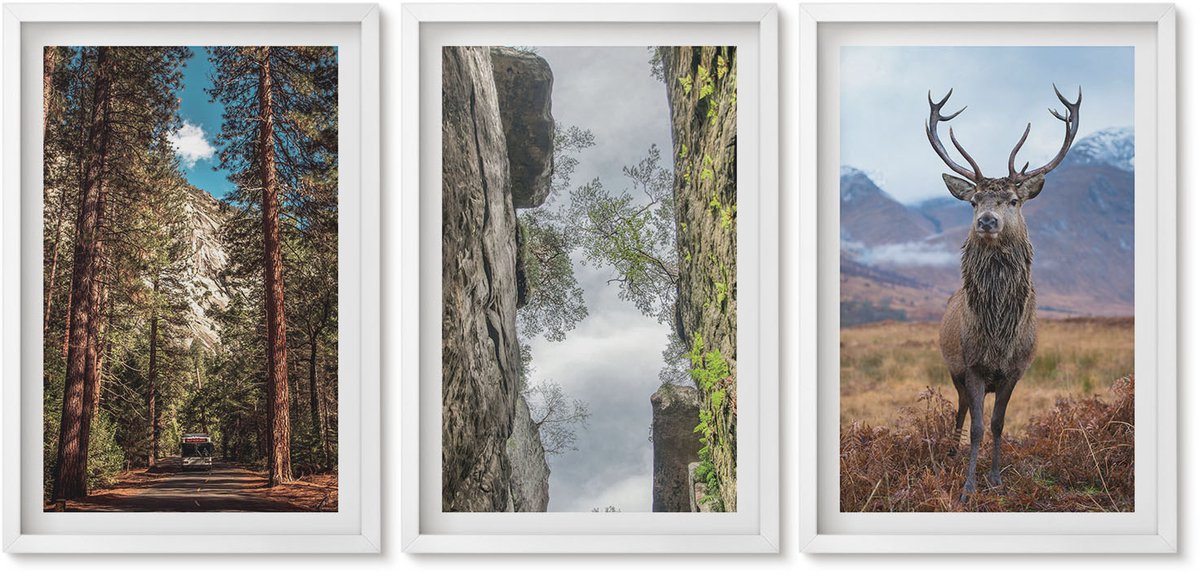Wallfluent 3-Delige Schilderij Set - Weg Door Het Bos, Bergen En Herten In De Natuur. - 40 x 60 - Wanddecoratie - Schilderijen Set - Kantoor - Woonkamer Decoratie