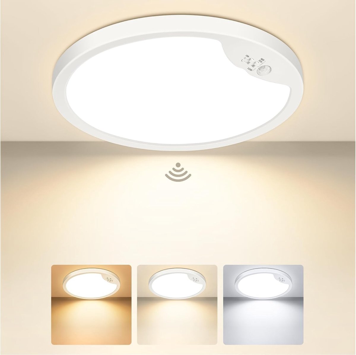 Sensor lampjes met bewegingsmelder - Wit - 22 x 22 x 2,2 cm - LED Plafondlamp met 3 Kleurtemperaturen - Voor Binnengebruik