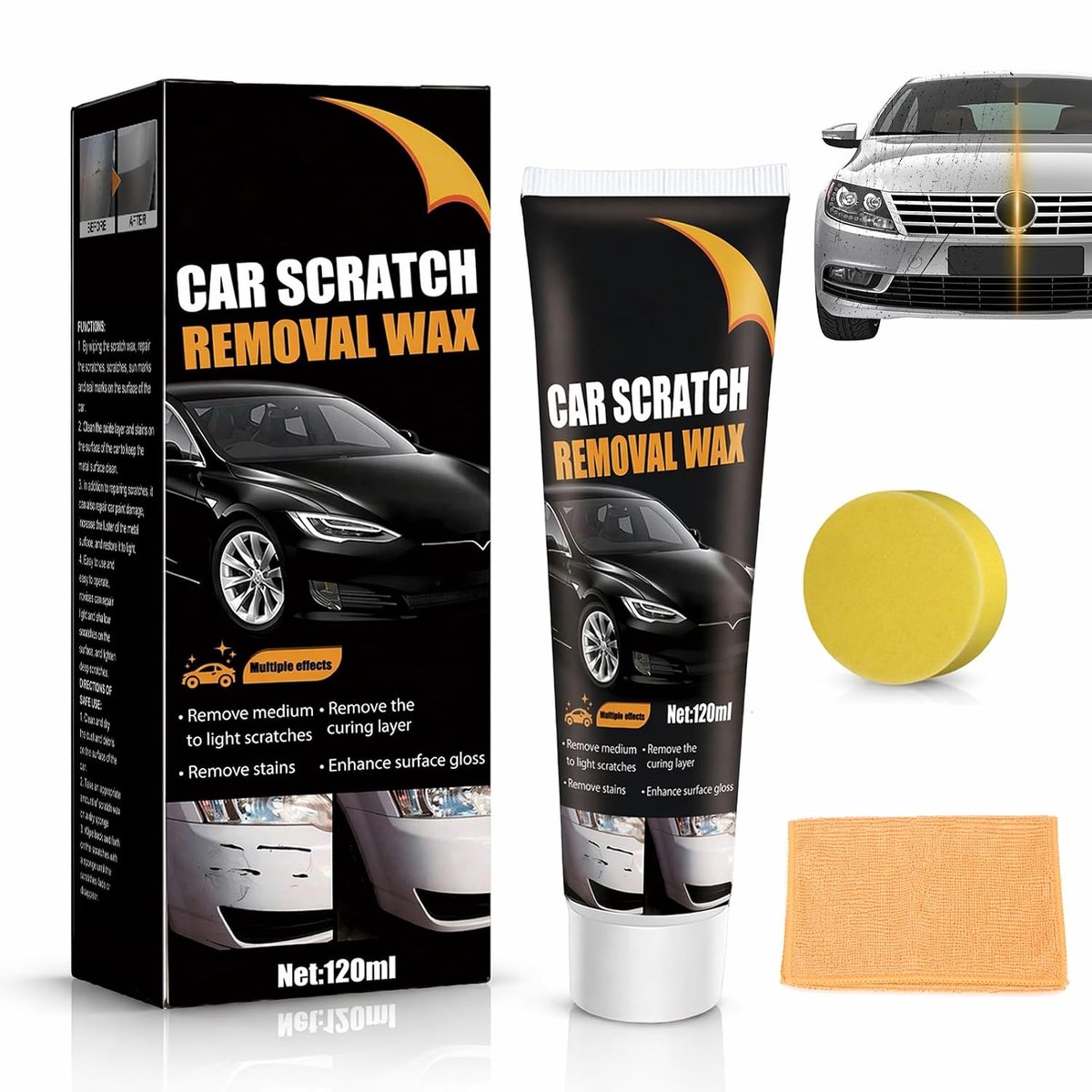 Auto Krasverwijderaar 120ml met Polijstwas, Auto Polish voor Lichte Krassen, Swirls en Gebruikssporen, Set met Spons - ShopVlot
