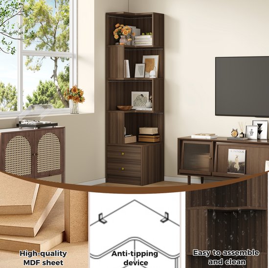 MODENUIT Hoekrek - L-Vormig Design Met LED En 2 Laden - Woonkamer En Kantoor - MDF - Bruin - 45x43,5x180 Cm — afbeelding 2