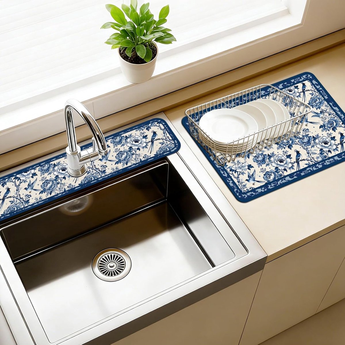 3 Stks 2 Size Aanrecht Splash Guard Kraan Mat Vintage Bloemen en Vogel Patroon Kraan Mat voor Gootstenen Absorberende - ShopVlot