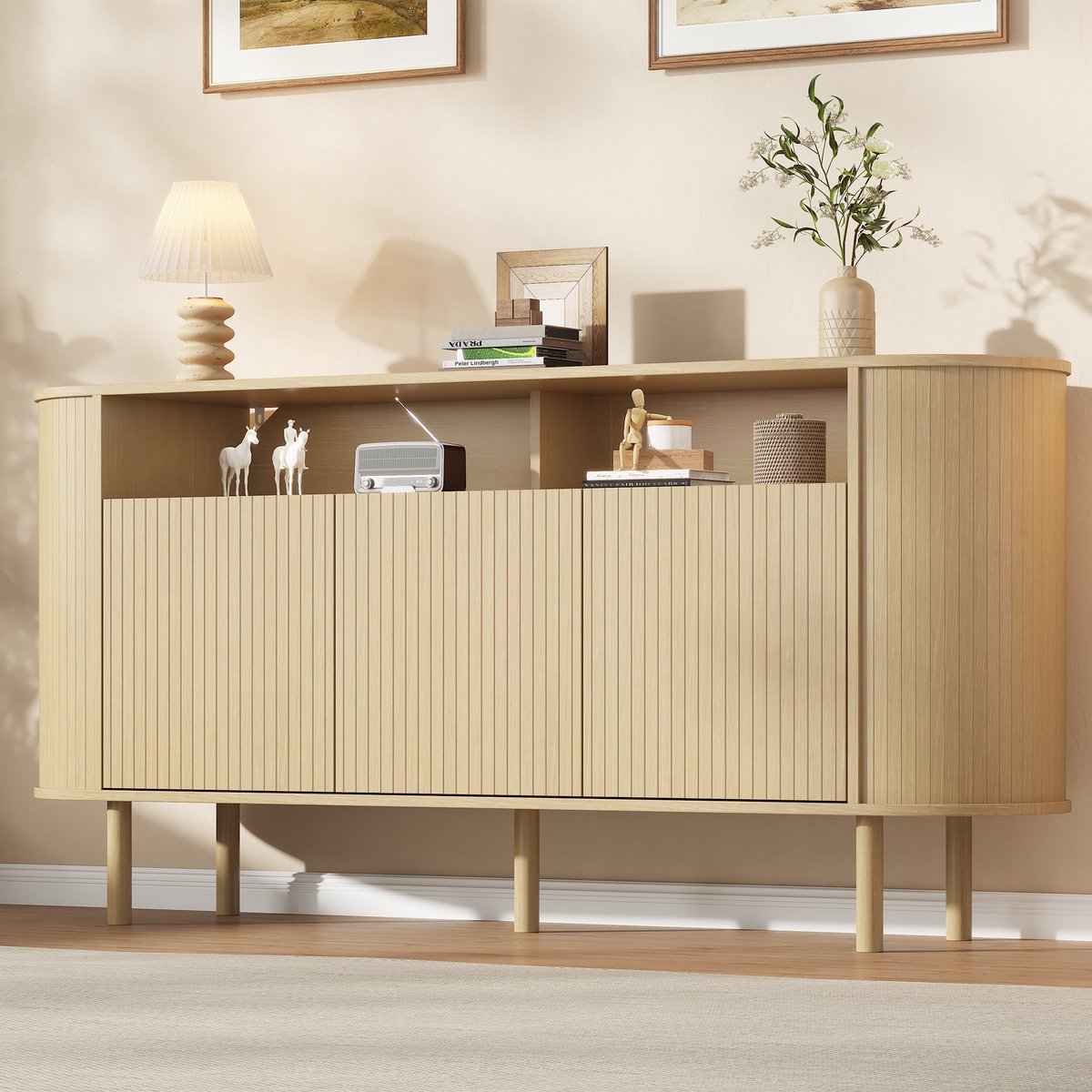 Pugsdrly Sideboard 160×40×78,5 cm, moderne ladekast met 3 golvende deuren & open opbergvak, massief houten poten, stevige kast van spaanplaat voor de woonkamer, hal en eetkamer, belastbaar tot 75 kg, natuurlijke houtkleur