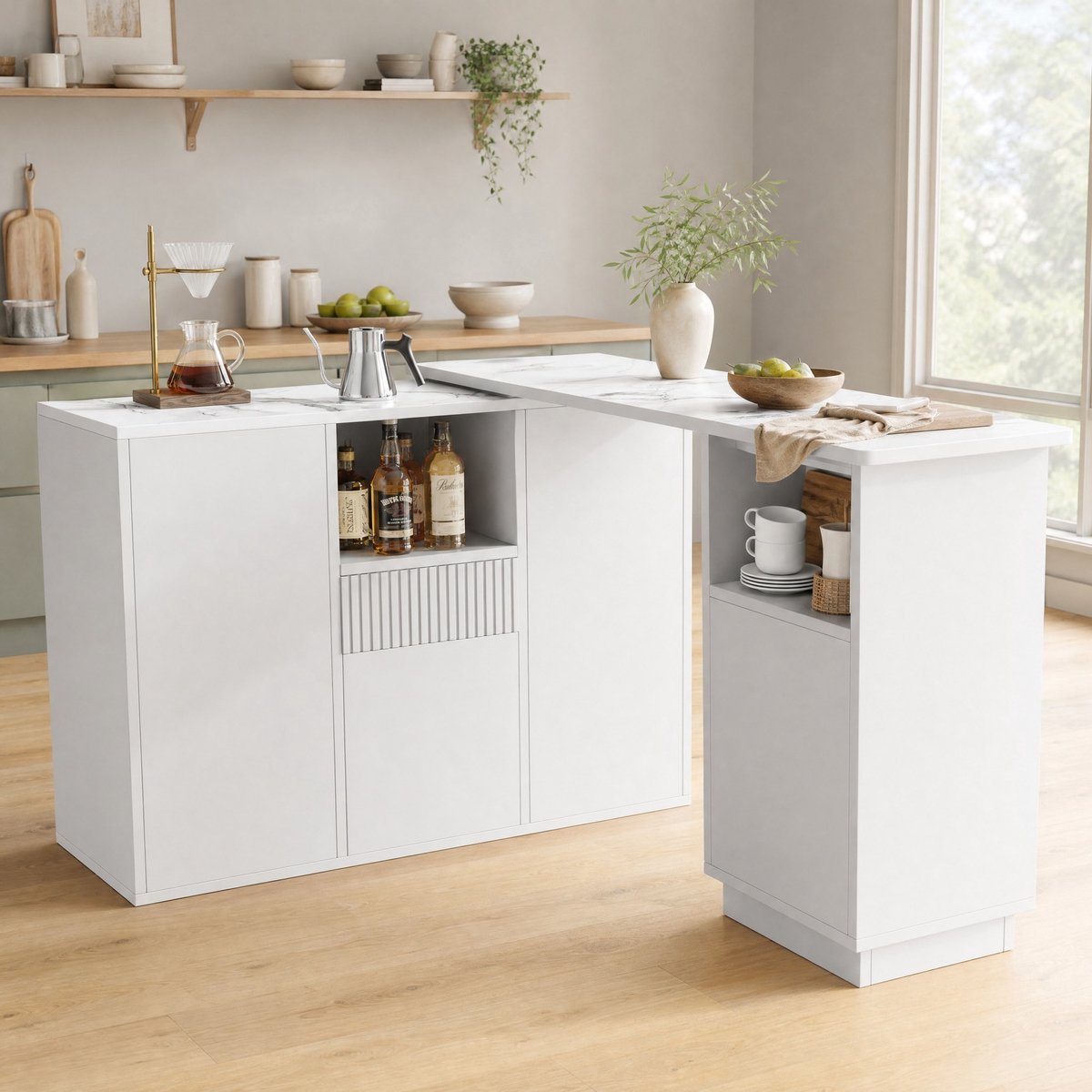 REDOM - Keukenkast - 360° draaibaar - L-vormig en rechtlijnig ontwerp - Open en gesloten opbergruimte - Moderne stijl - Keuken en woonkamer - MDF - Wit - 210 x 30 x 100,9 cm
