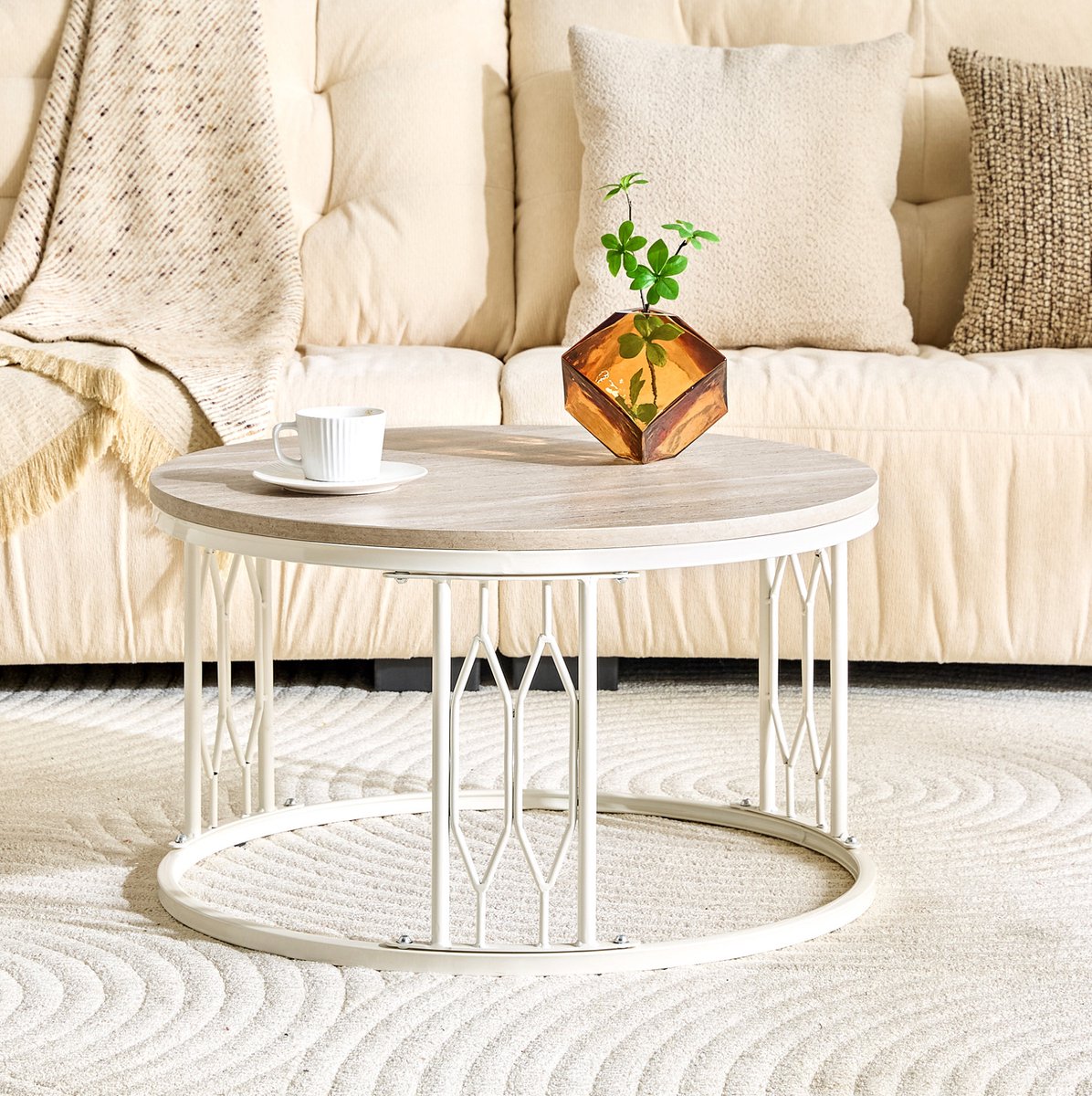 MODENUIT Salontafel - Ronde Tafel Met Houtnerf - Voor Woonkamer En Bank - MDF En Metaal - 70x40,5 Cm - Wit