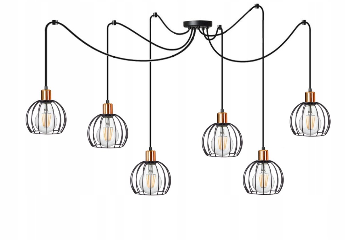 Hanglamp Zwart Koper E27 6x60W - Stijlvolle Industriële Designlamp