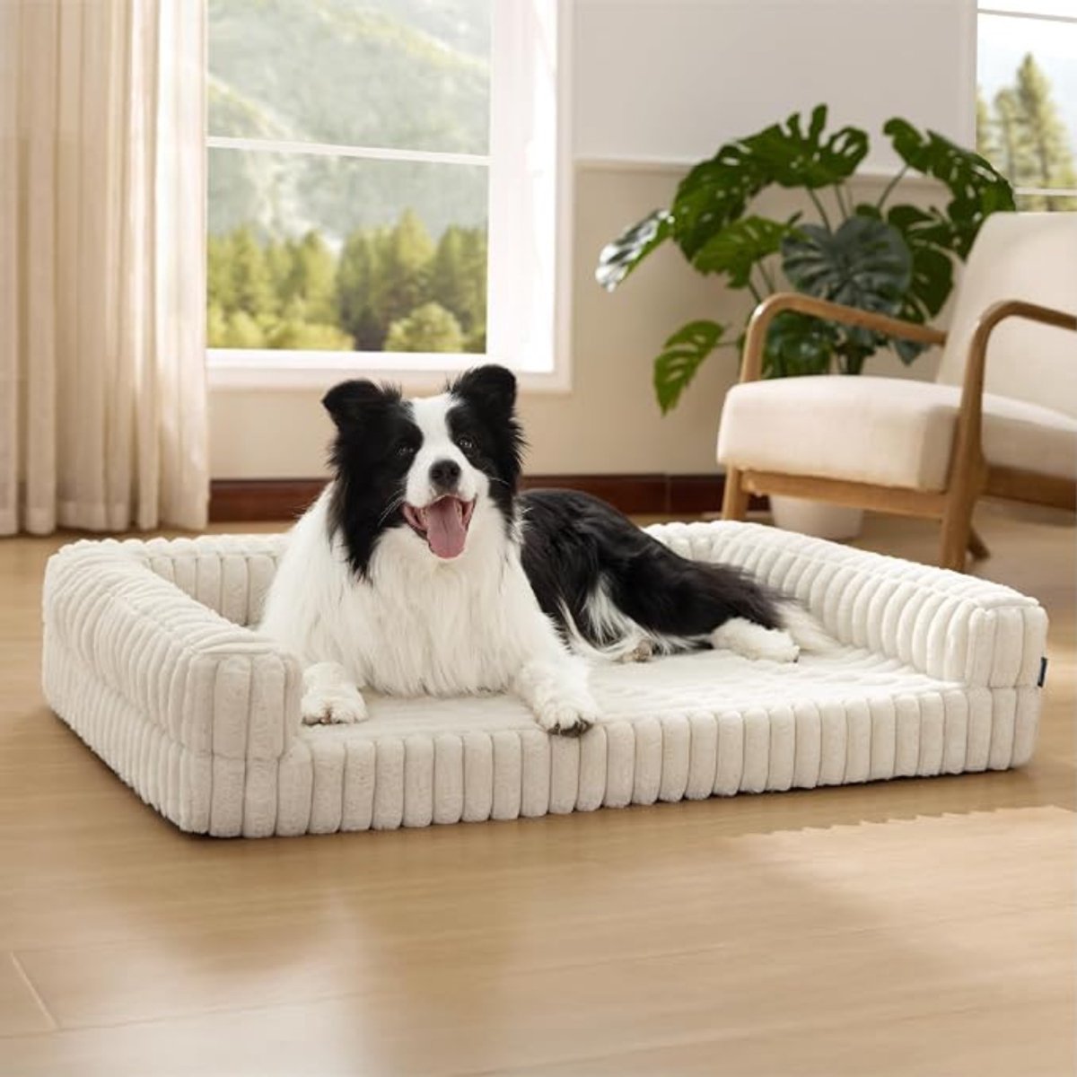 Verte Hondenmand - Orthopedisch Hondenbed - Hondensofa met Traagschuim en Opstaande Rand - Waterdicht - Antislip - Wasbaar - Afneembare Hoes - Corduroy - Crème - 89 x 64 x 18 CM - Groot