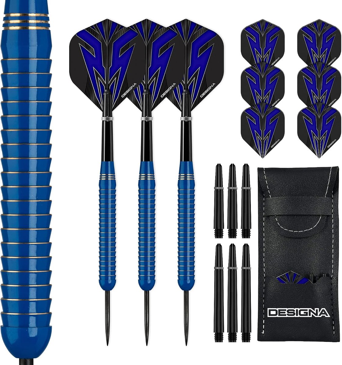 DESIGNA DARTS Mako - Steel Tip Electro Brass Straight Barrel Dart Set Including 6 Standard Flights, 6 Stems, Cash - ShopVlot