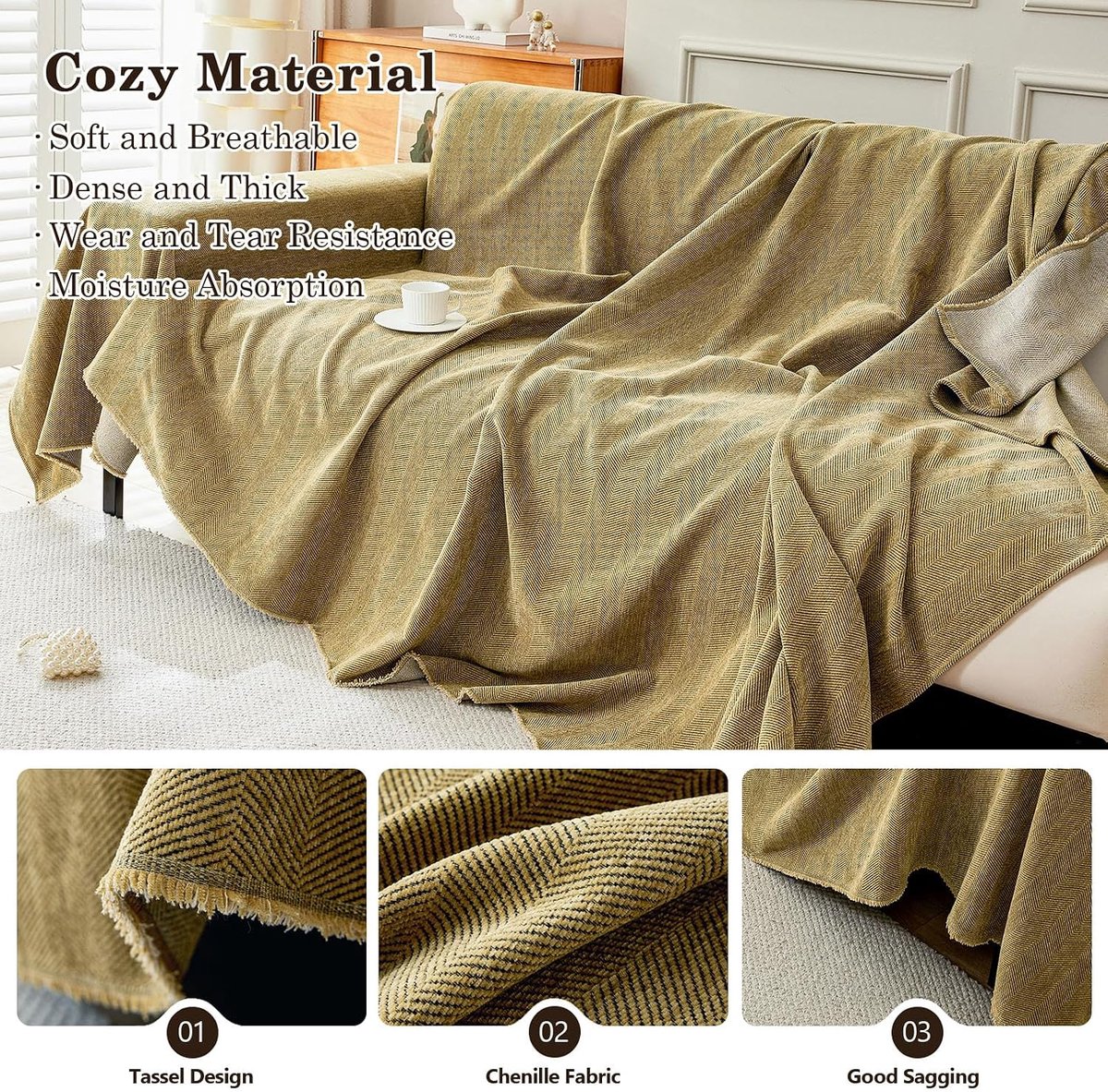 Chenille sofa deken 180x380 cm - Geel - Zacht en ademend - Ideaal voor comfort - ShopVlot