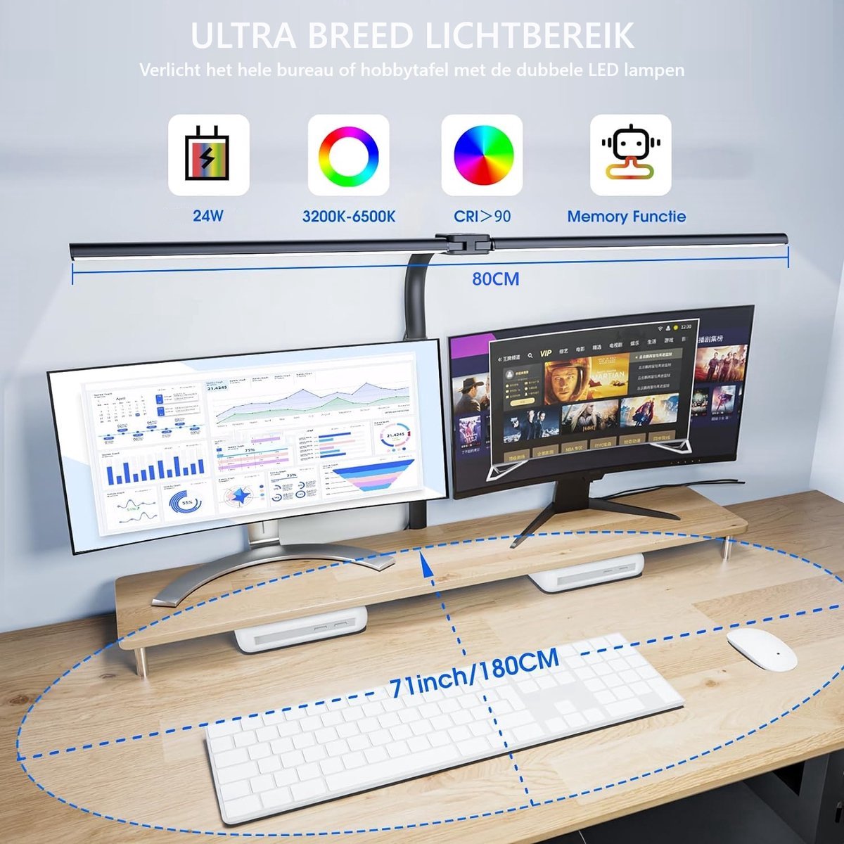 LED Bureaulamp – Intelbare Flexibele Extra Brede 80 cm Bureaulamp voor Thuiswerken, Kantoor en Gaming – Zwart - FitCasa thumbnail 2