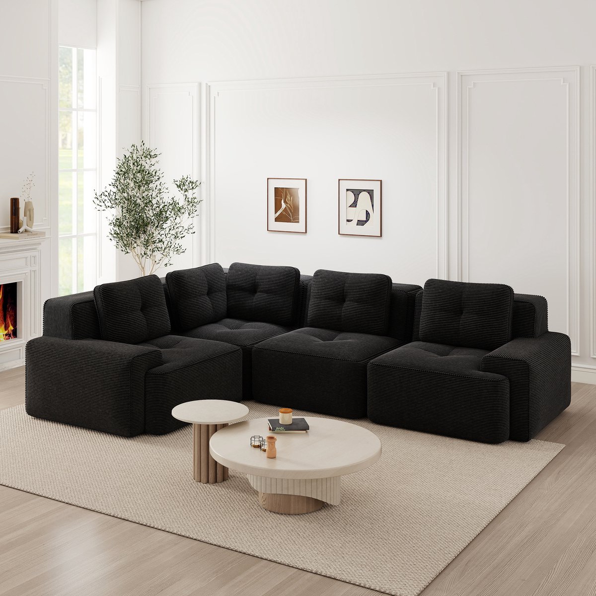 Modulaire bank zonder frame met diepe zit - Geschikt voor woonkamer en kantoor - Zwart - Zachte corduroy bekleding en 32D schuim - Antislip basis en geen montage nodig - Modulair vrij te combineren