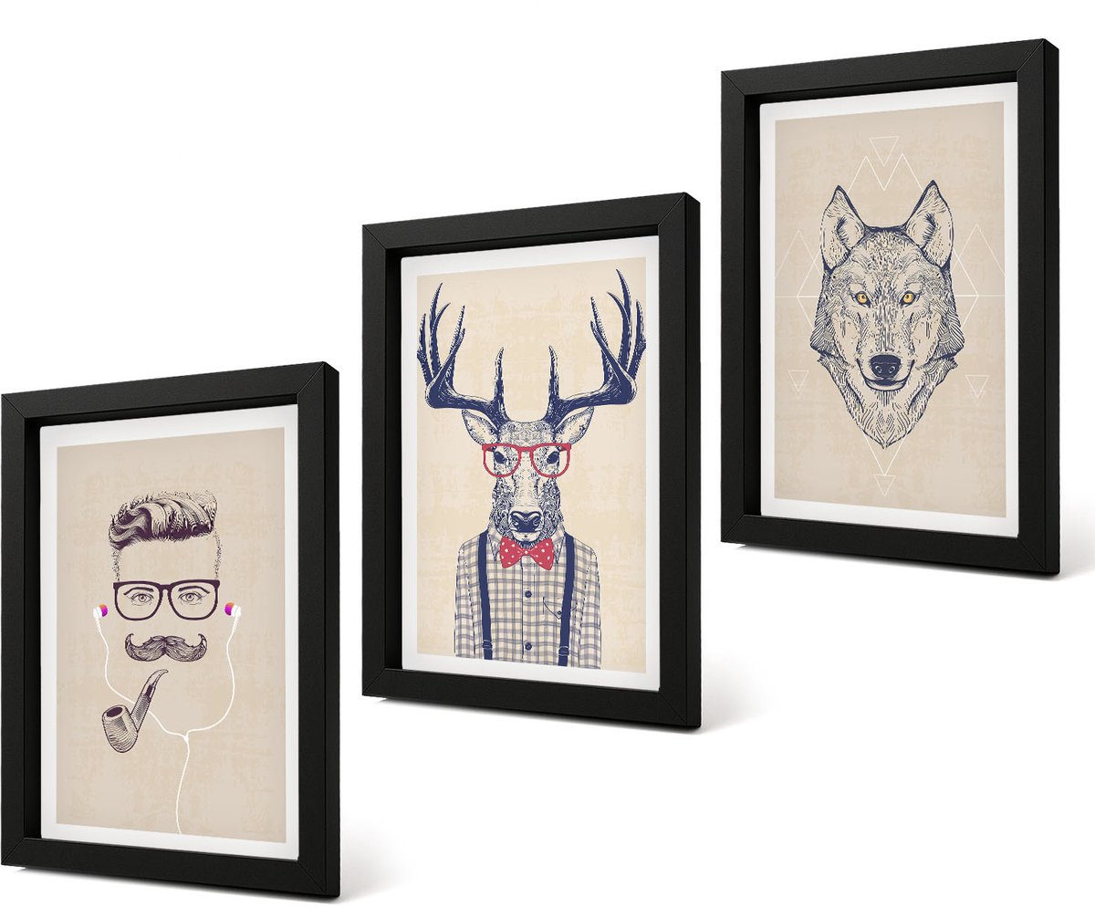 Coloray 4-Delige Schilderij Set - Stijlvolle portretten van dieren en mannen - 20 x 30 cm - Schilderijen Set - Wanddecoratie - Woonkamer - Interieur Decoratie