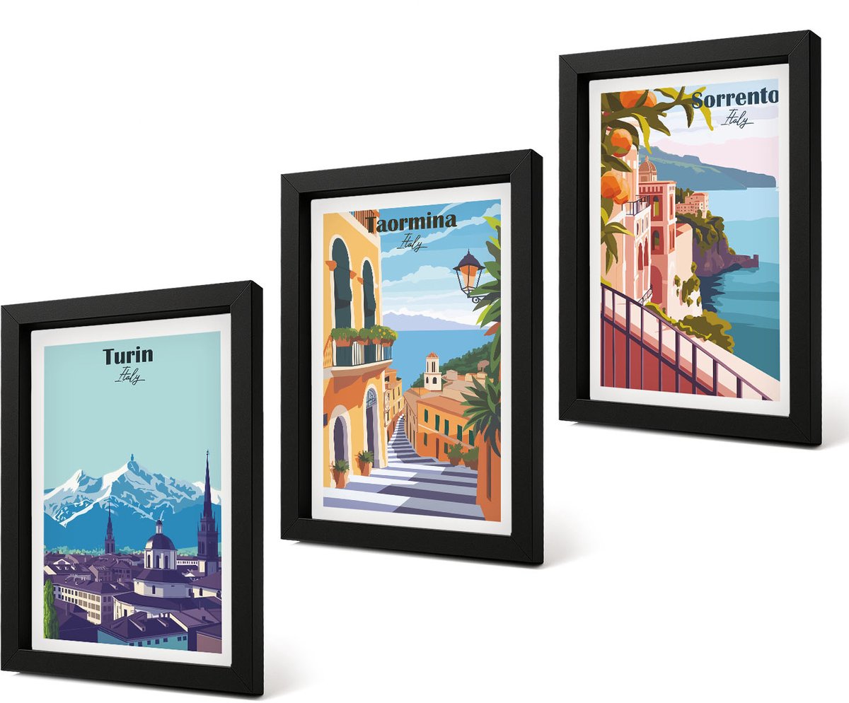 Coloray 4-Delige Schilderij Set - Kleurrijke, illustratieve stadsgezichten in retrostijl - 20 x 30 cm - Stijlvolle Muurdecoratie - Kantoor
