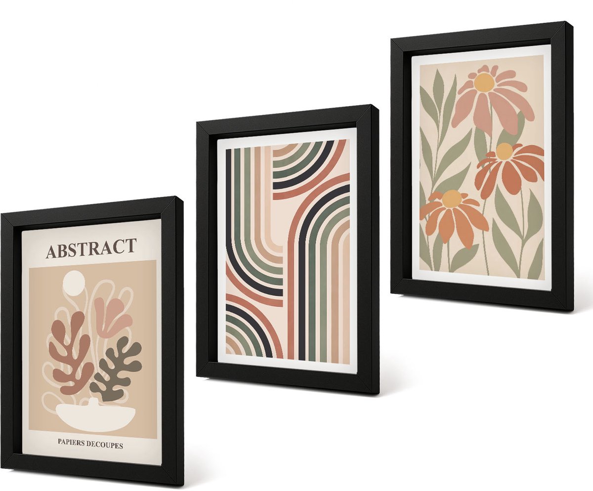 Coloray 4-Delige Schilderij Set - Abstracte planten en patronen in pastelkleuren - 20 x 30 cm - Wanddecoratie - Schilderijen Set - Interieur
