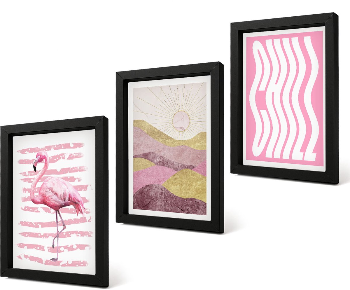 Coloray 4-Delige Schilderij Set - Roze flamingo's, pastelkleurig berglandschap, relaxte belettering - 20 x 30 cm - Stijlvolle Muurdecoratie - Kantoor