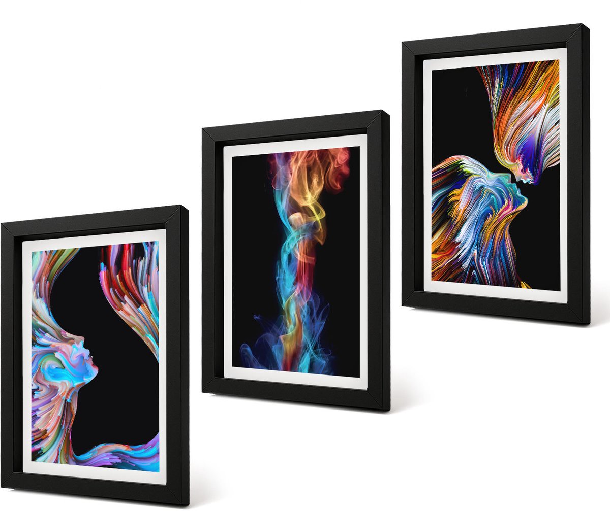 Coloray 4-Delige Schilderij Set - Kleurrijke abstracties met gezichten en dynamische vormen - 20 x 30 cm - Wanddecoratie - Woonkamer Decoratie - Stijlvolle Muurdecoratie