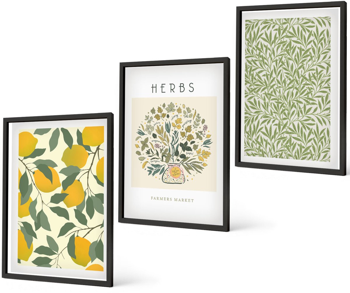 Coloray 3-Delige Schilderij Set - Citroenmotieven Met Kruiden En Plantenbladeren - 40 x 60 cm - Moderne Wanddecoratie - Woonkamer - Interieur Decoratie