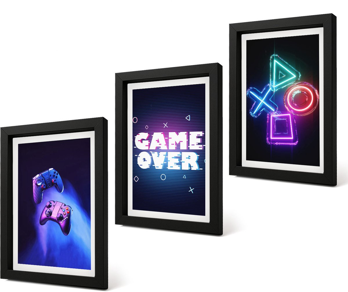 Coloray 4-Delige Schilderij Set - Gamepads Game Over-inscriptiepictogrammen - 20 x 30 cm - Wanddecoratie - Muurdecoratie - Woonkamer - Stijlvolle Muurdecoratie