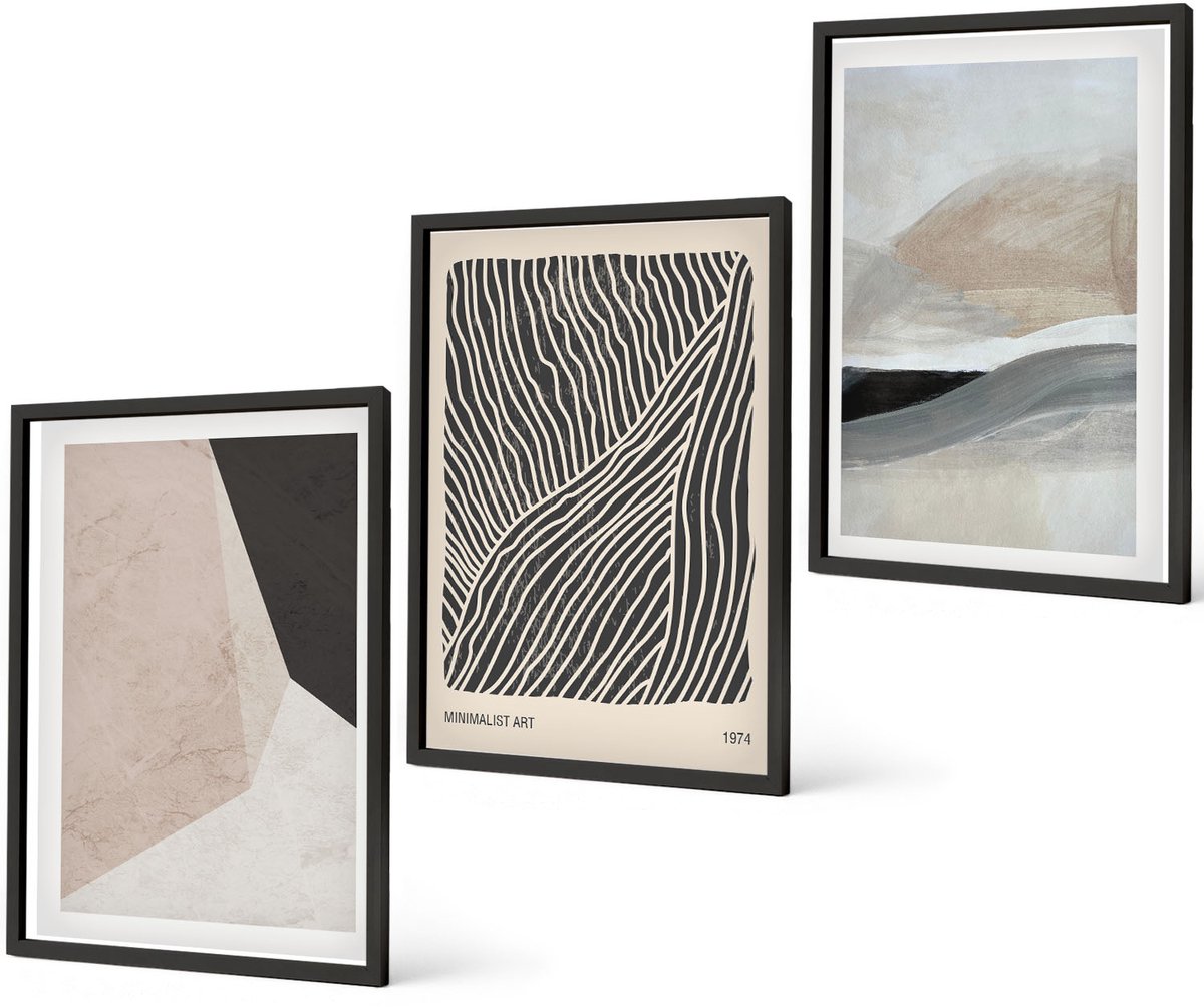 Coloray 3-Delige Schilderij Set - Abstracte Patronen In Beige En Grijze Tinten. - 40 x 60 cm - Muurdecoratie - Wanddecoratie - Slaapkamer - Stijlvolle Muurdecoratie Zwarte lijst