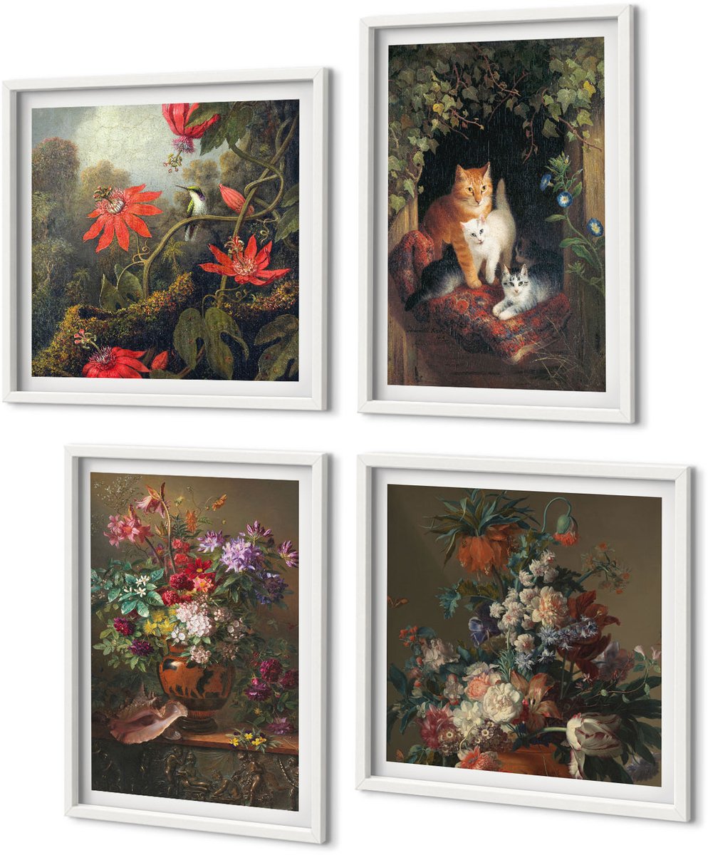 Coloray 4-Delige Schilderij Set - Vintage Bloemen, Katten En Planten In De Natuur - 40 x 40 En 40 x 60 - Wanddecoratie - Woonkamer Decoratie - Interieur Decoratie