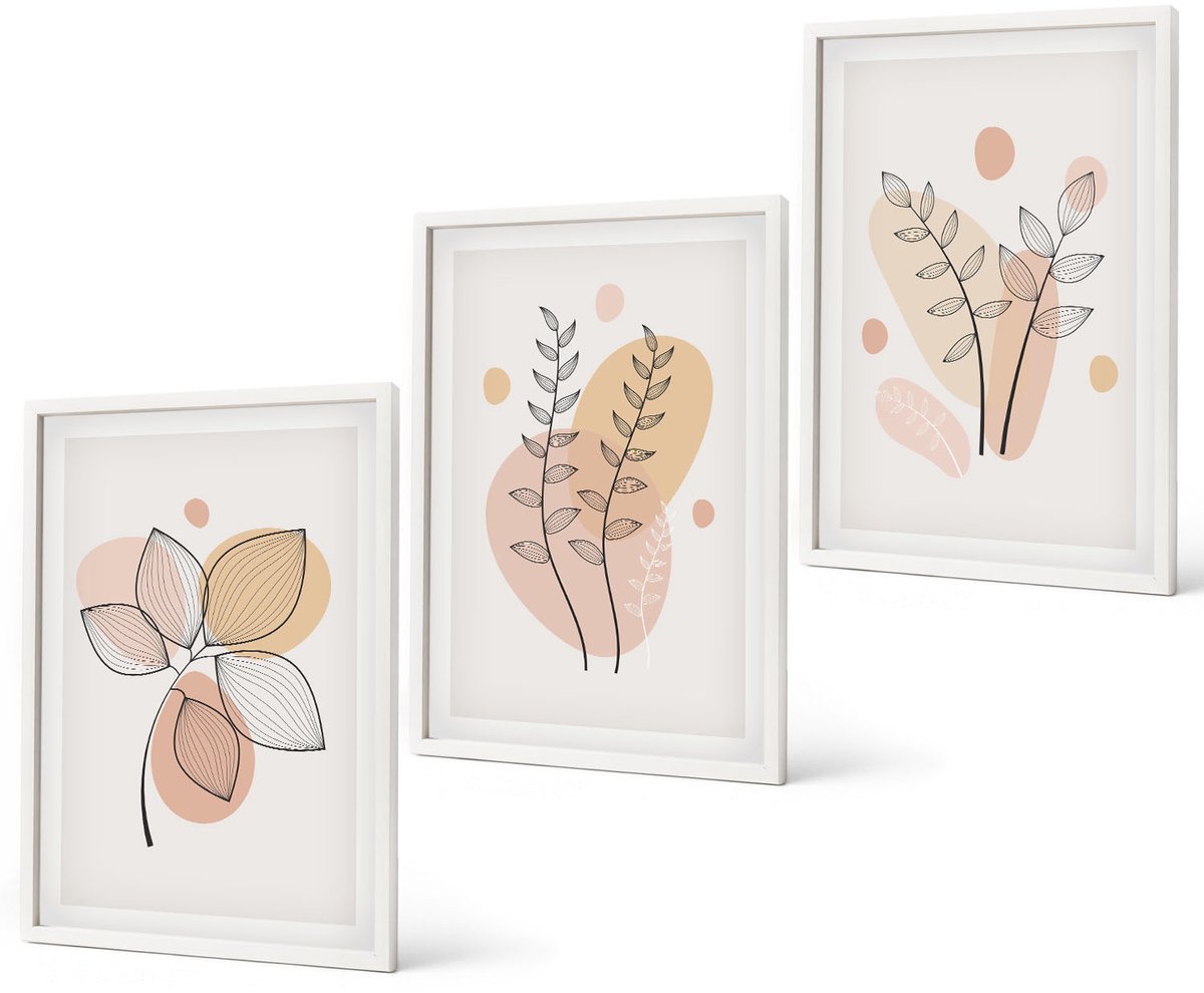 Coloray 3-Delige Schilderij Set - Minimalistische Planttekeningen In Pastelkleuren - 40 x 60 - Schilderijen Set - Wanddecoratie - Woonkamer - Decoratieve Schilderijen