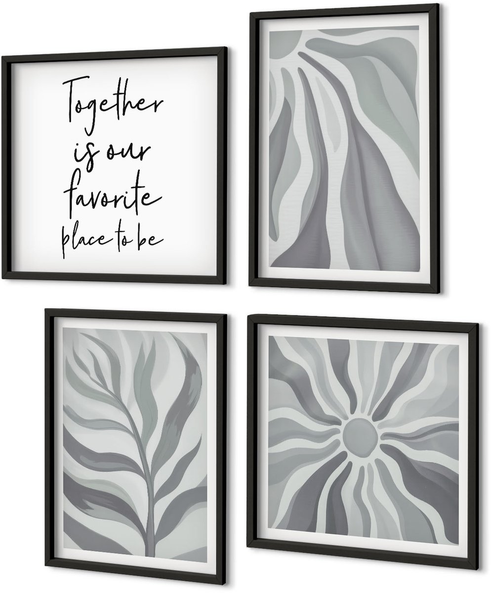 Coloray 4-Delige Schilderij Set - Bloemenpatronen In Pasteltinten, Illustraties En Belettering. - 40 x 40 cm En 40 x 60 cm - Wanddecoratie - Muurdecoratie - Woonkamer - Decoratieve Schilderijen Zwarte lijst