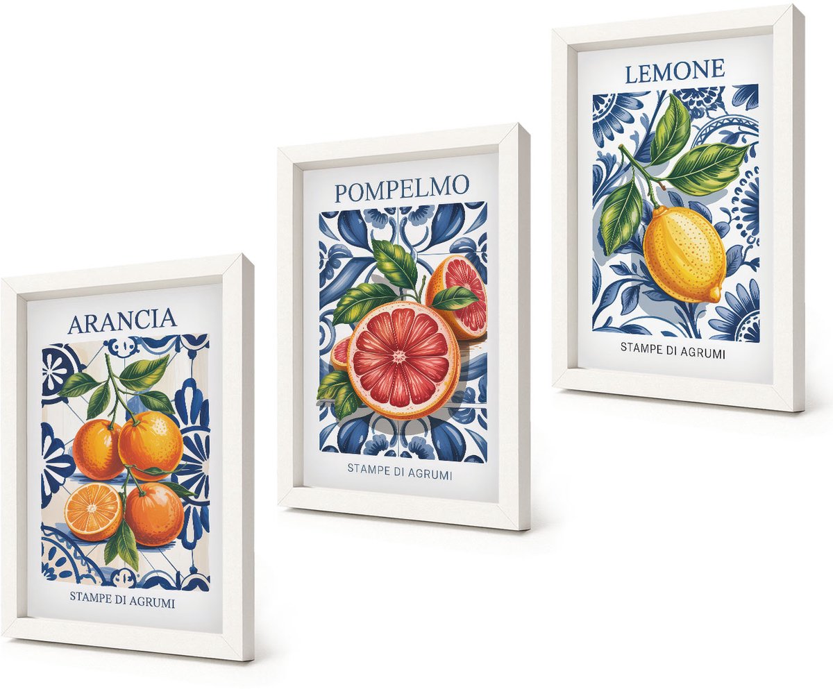 Coloray 3-Delige Schilderij Set - Trendy posters met citrusvruchten in Italiaanse stijl - 20x30 - Wanddecoratie - Muurdecoratie - Moderne Interieurdecoratie - Woonkamer Decoratie
