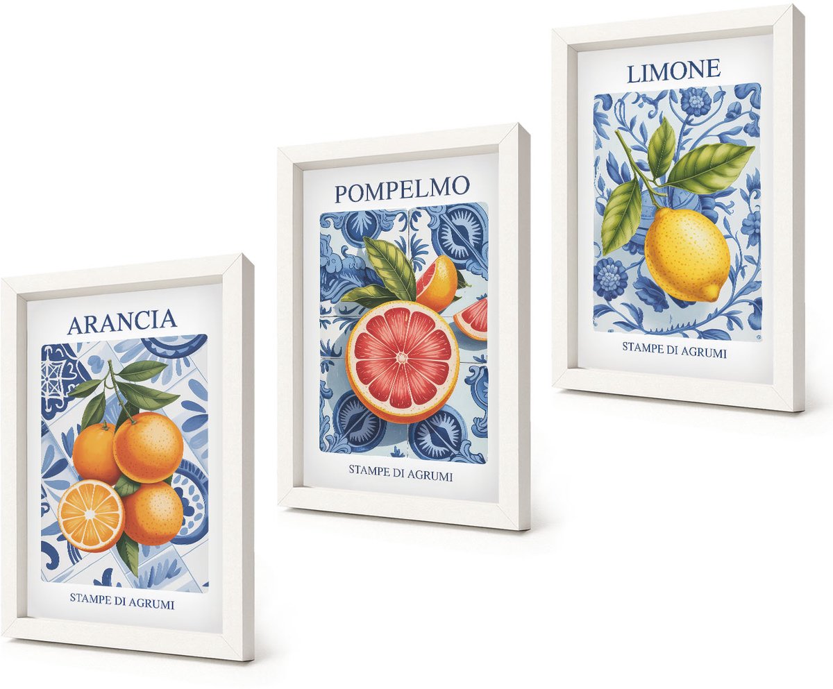Coloray 3-Delige Schilderij Set - Vintage illustraties van citrusvruchten - 20x30 - Stijlvolle Muurdecoratie - Kantoor