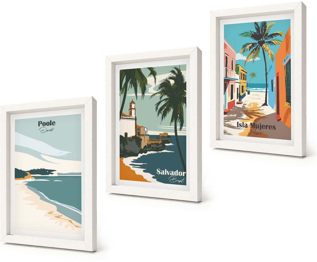 Coloray 3-Delige Schilderij Set - Tropische landschappen met stranden en palmbomen - 20x30 - Muurdecoratie - Wanddecoratie - Slaapkamer