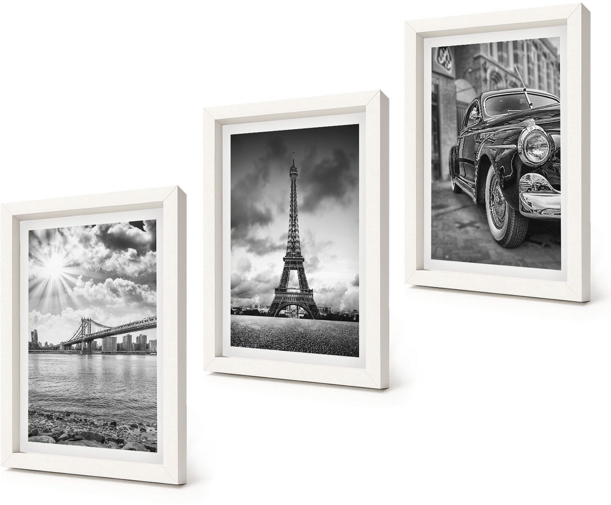 Coloray 3-Delige Schilderij Set - Stadsgezichten Bruggen Eiffeltoren Klassieke auto - 20x30 - Decoratieve Schilderijen - Wanddecoratie - Hal