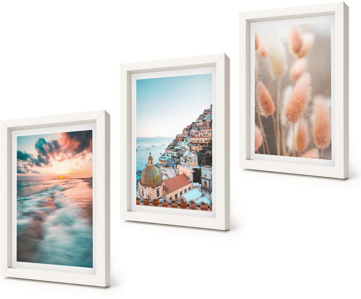 Coloray 3-Delige Schilderij Set - Uitzicht op zee, zonsondergang, kleurrijke huizen, bloemen - 20x30 - Decoratieve Muurdecoratie - Slaapkamer - Moderne Wanddecoratie