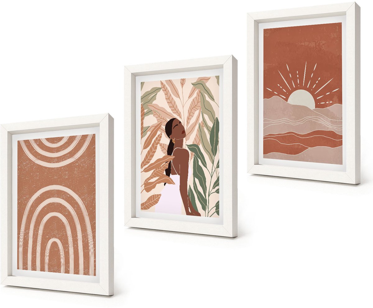 Coloray 3-Delige Schilderij Set - Boho abstracte vormen en illustraties - 20x30 - Decoratieve Muurdecoratie - Slaapkamer - Decoratieve Schilderijen