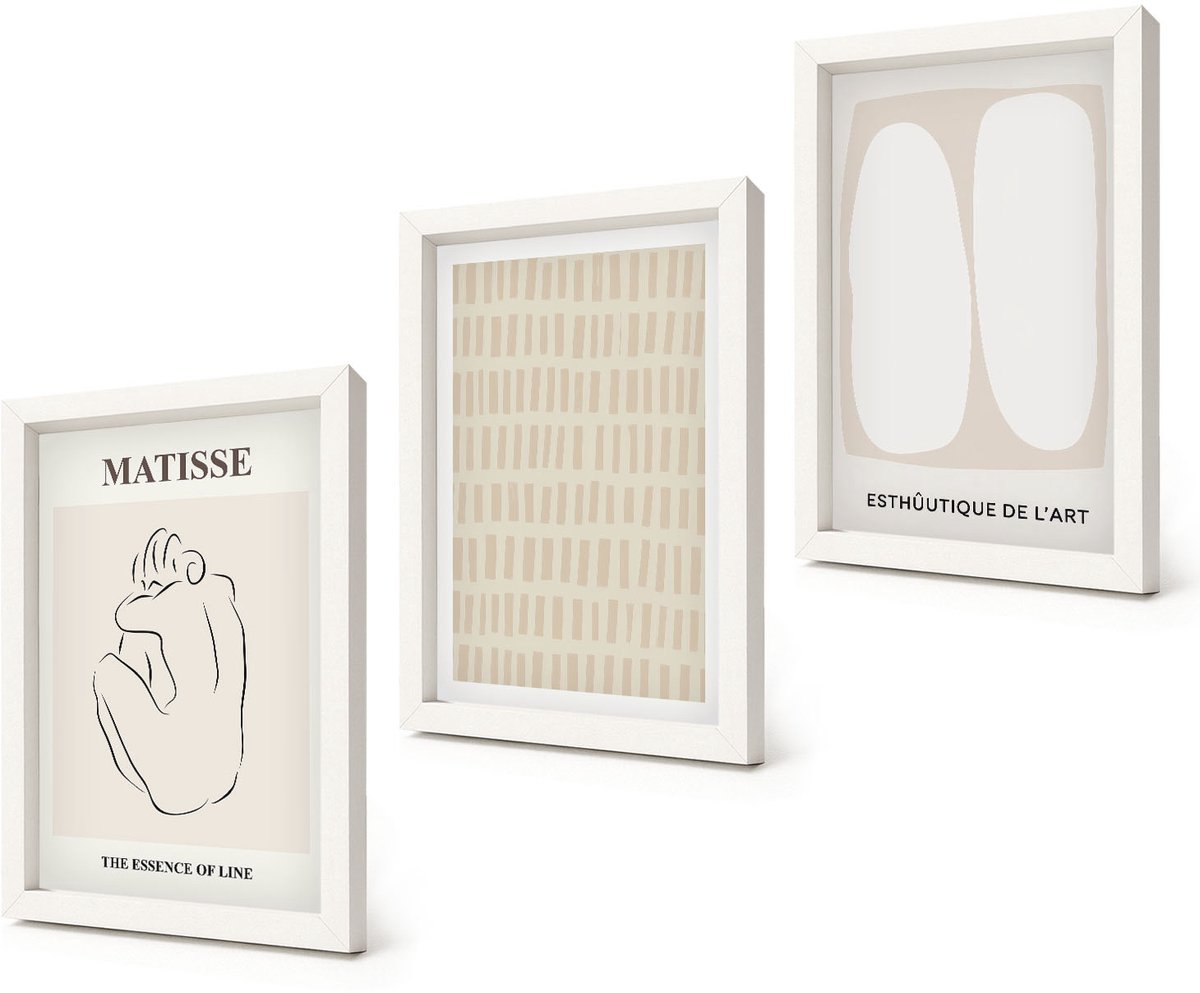 Coloray 3-Delige Schilderij Set - Lijnen en vormen in beige en witte tinten. - 20x30 - Muurdecoratie - Interieur Decoratie