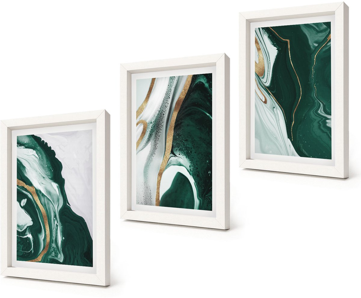 Coloray 3-Delige Schilderij Set - Abstracte verfpatronen in groen en wit - 20x30 - Wanddecoratie - Muurdecoratie - Moderne Interieurdecoratie - Stijlvolle Muurdecoratie