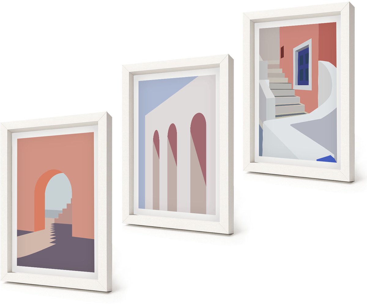 Coloray 3-Delige Schilderij Set - Illustraties van stedelijke architectuur in minimalistische stijl - 20x30 - Muurdecoratie - Wanddecoratie - Hal - Interieur Decoratie